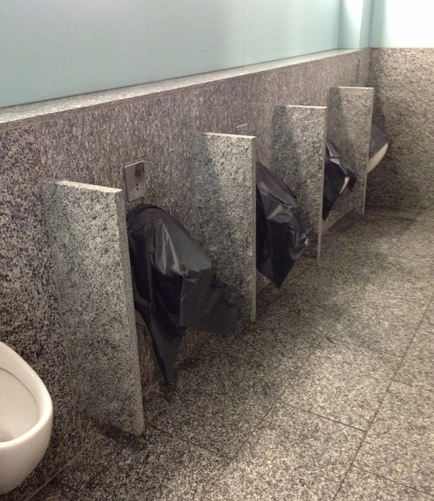 A snapshot of closed urinals in a public toilet / restroom - seen at Frankfurt Airport in Oct. 2013. #fail